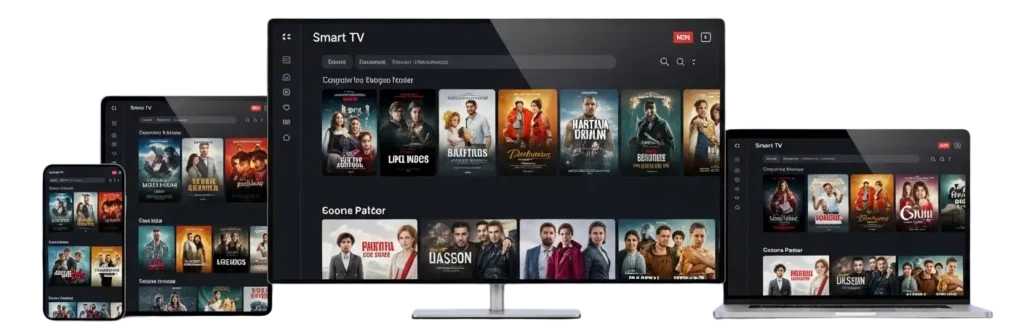strong 8k iptv interface on laptop and phone